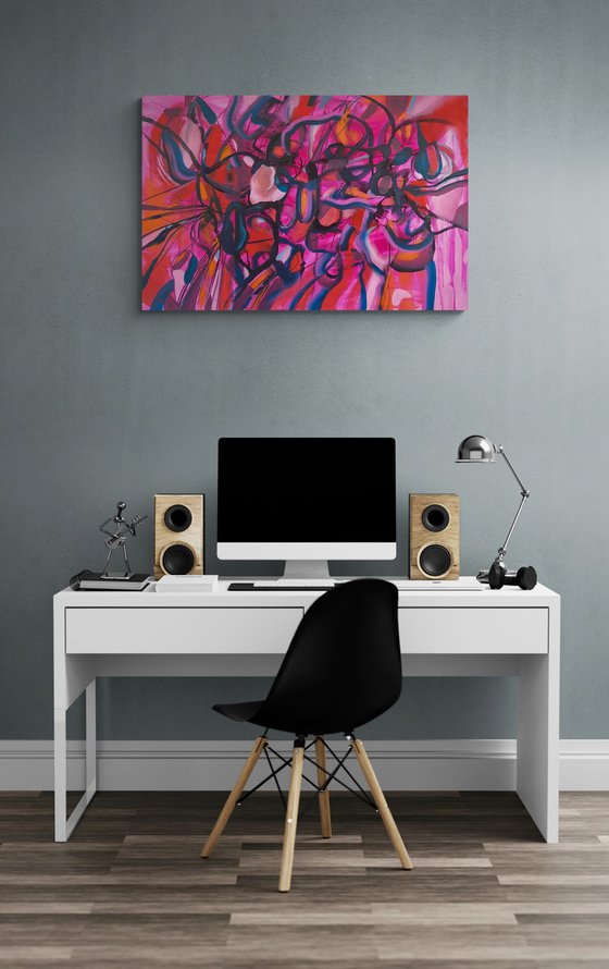 FULL ON- a large scale xxl dynamic red pink expressive abstract painting