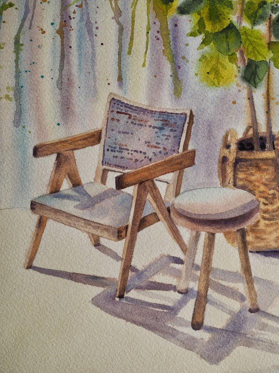 Interior sketch - original watercolor - light, sunny, shadow home