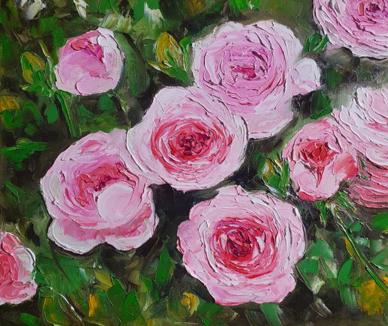 FIELD OF PURPLE PINK WHITE  ROSES  palette knife modern decor MEADOW OF FlOWERS, LANDSCAPE,  office home decor gift