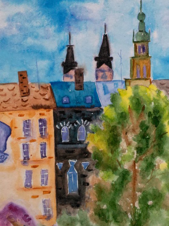 Lviv Painting Cityscape Original Art Ukraine Watercolor Artwork Home Wall Art 12 by 17" by Halyna Kirichenko