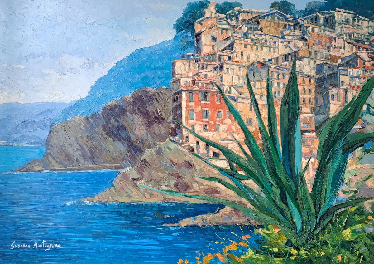 Impressionistic Landscape Oil Painting By Susanna Montagnino, 39 X 28", Riomaggiore, Original Artwork