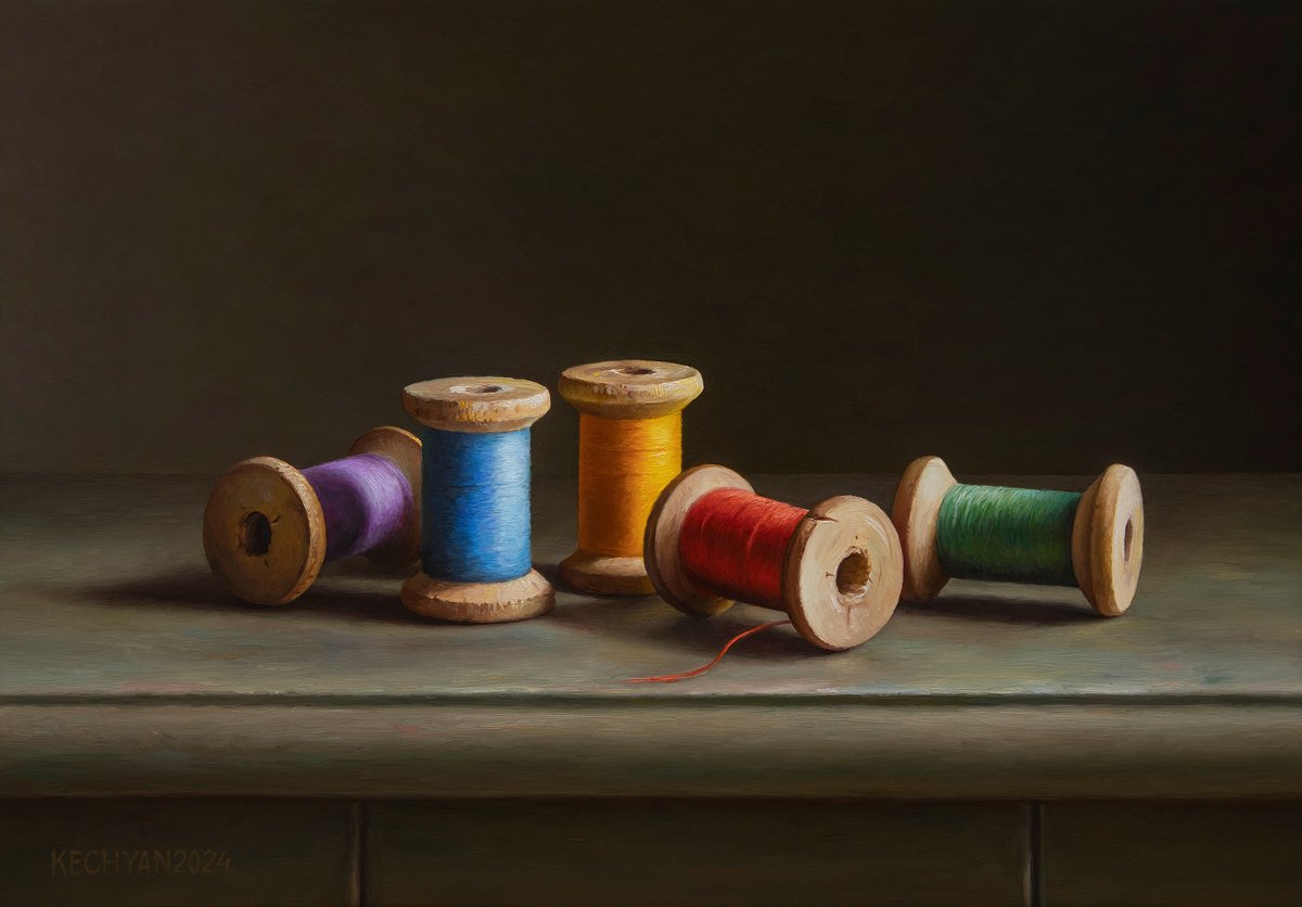 Photorealistic Still Life Oil Painting By Albert Kechyan, 13 X 9, Cotton Bobbins, Original Artwork