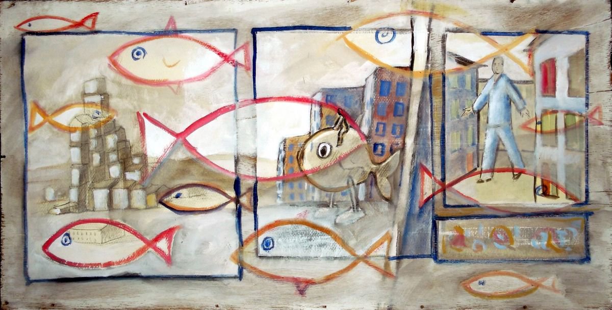 Surrealistic Cityscapes Painting By Paolo Beneforti, 20 X 10", The Witnesses, Original Artwork