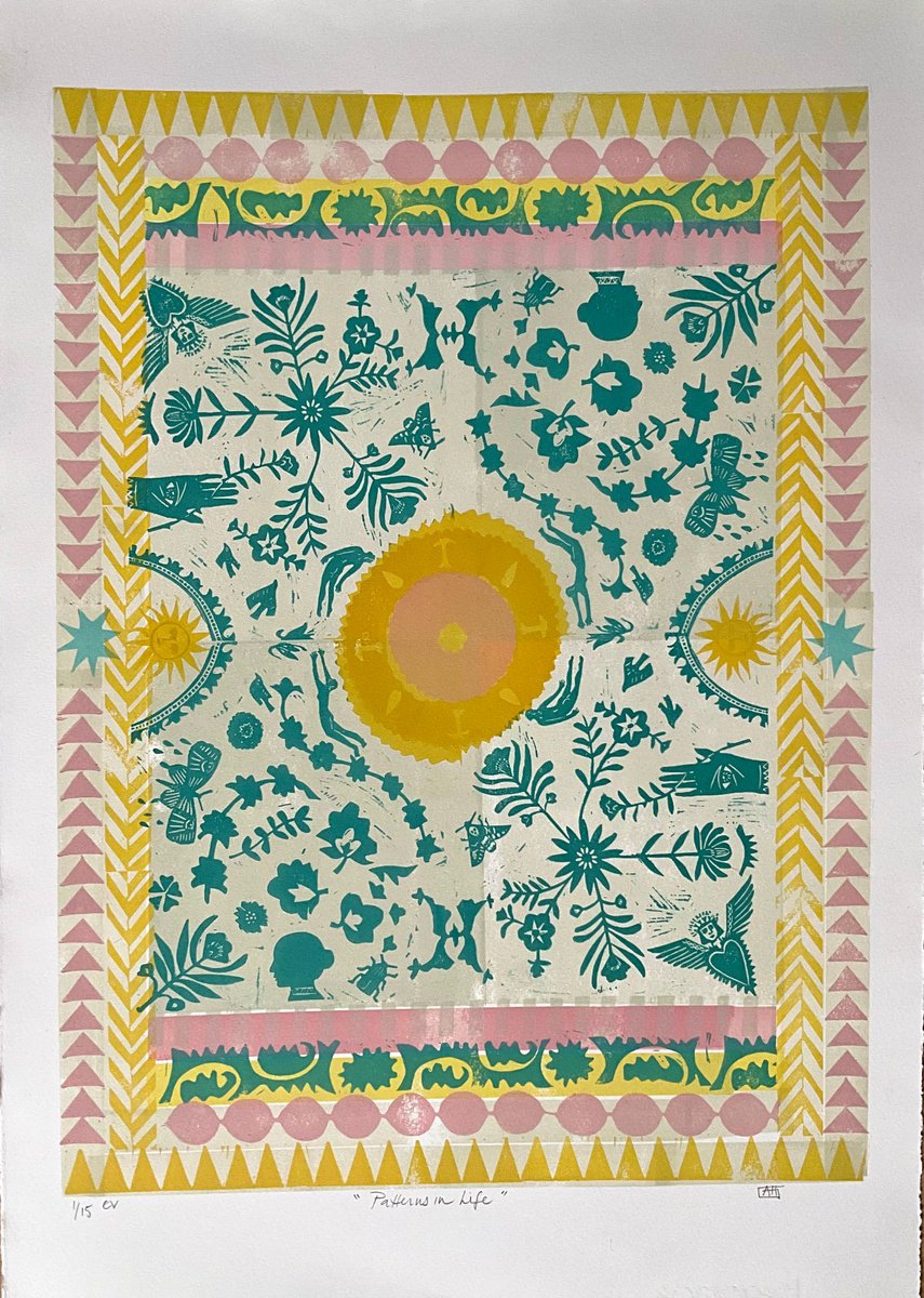 Geometric Abstract Linocut By Alison Headley, 15 X 23, Patterns In Life, Original Artwork