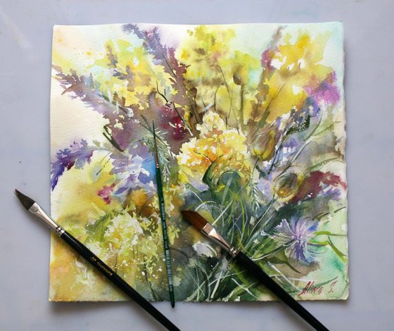 Original watercolor painting, abstract flowers, lupines wildflowers, floral wall art wall decor, nature art artwork native grasses