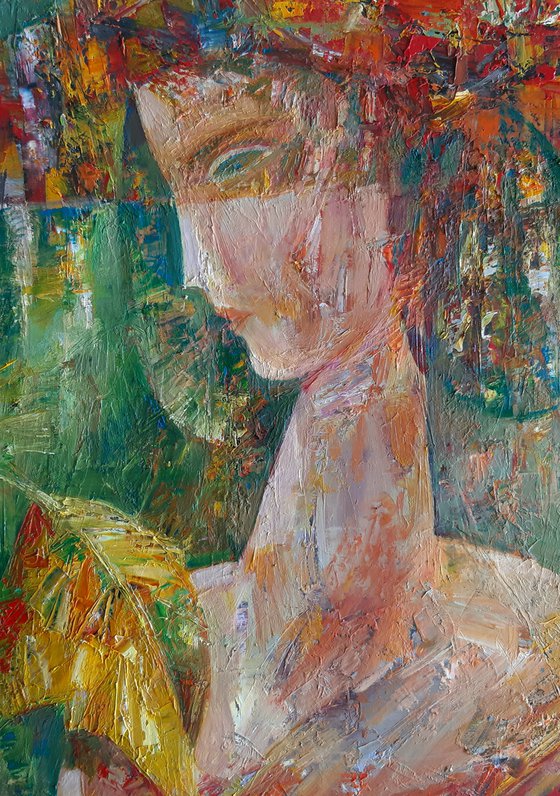Woman with hat (40x50cm, oil/canvas, abstract portrait)