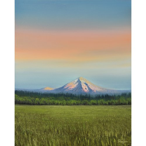 Mount Hood - Blue Sky Green Field Landscape by Suzanne Vaughan
