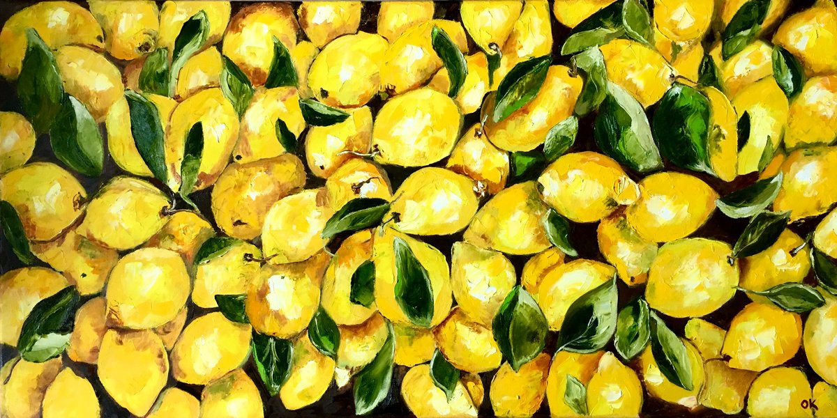 Impressionistic Botanical Oil Painting By Olga Koval, 44 X 22", Lemons, Oil Painting, Original Artwork
