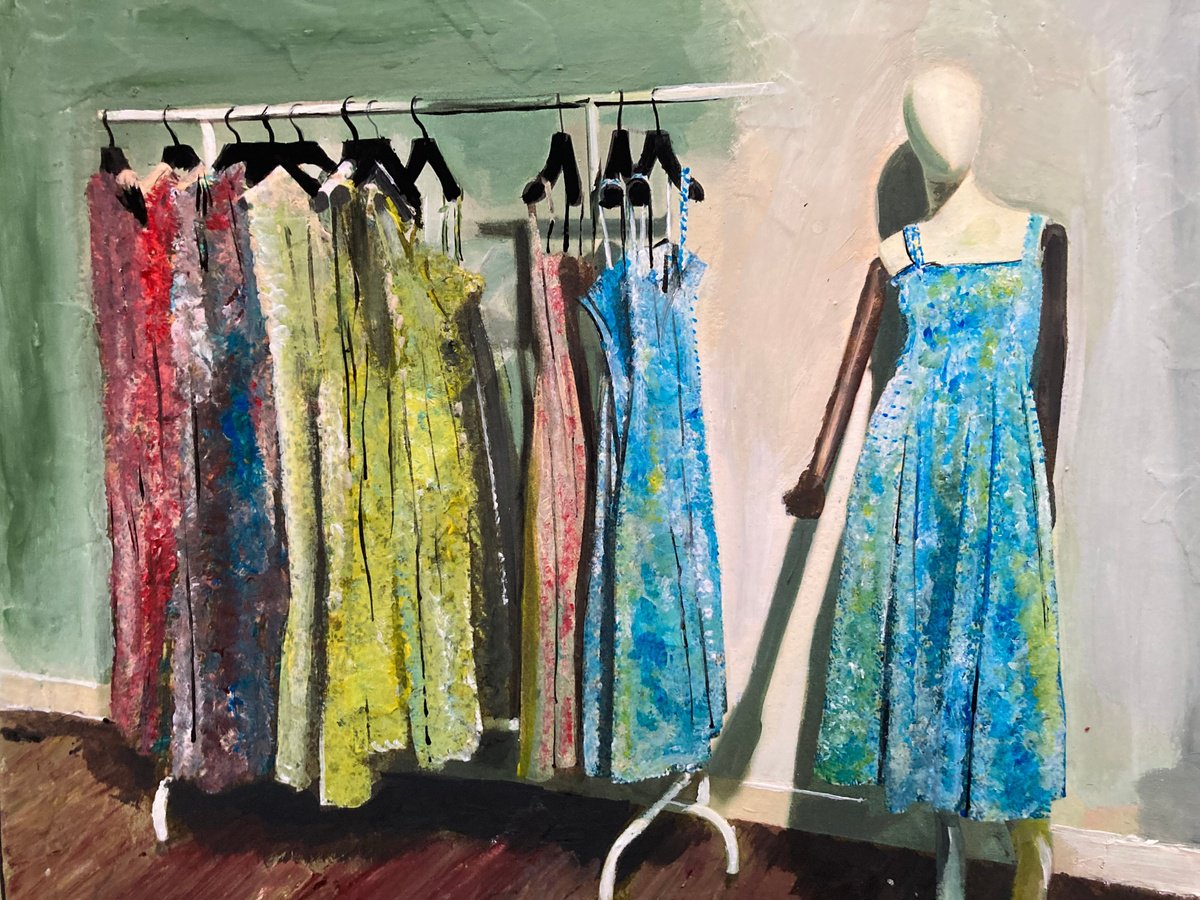 Photorealistic Still Life Acrylic Painting By Andrew Reid Wildman, 12 X 10, Dresses On The Rack, Original Artwork