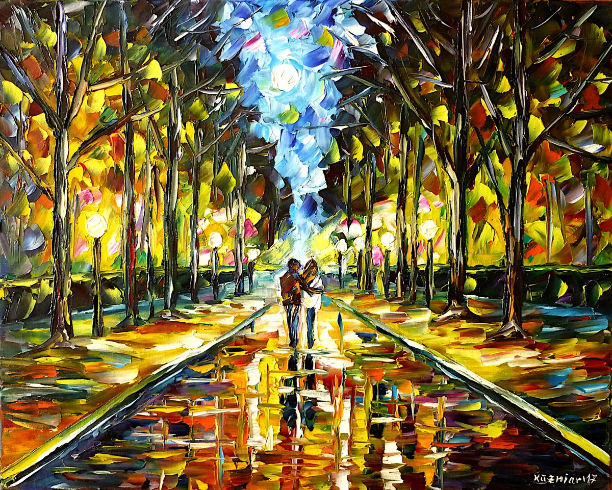 Expressive Cityscapes Oil Painting By Mirek Kuzniar, 20 X 16", Ludwigsburg At Night I, Original Artwork