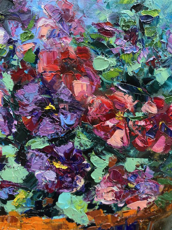 Country Life, 50*60, impressionistic oil still life garden flowers painting with impasto texture