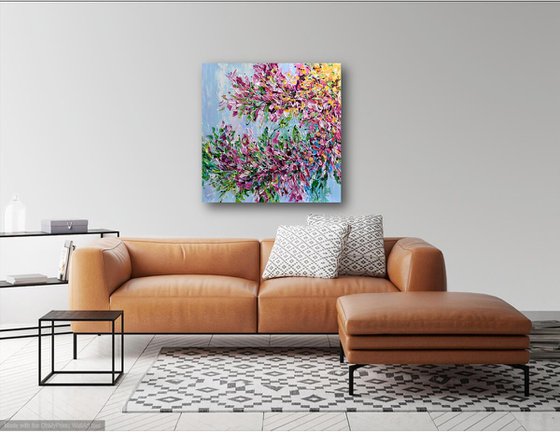 Cherry Blossom - Abstract Floral Painting on Canvas, Heavy Textured Palette Knife Art