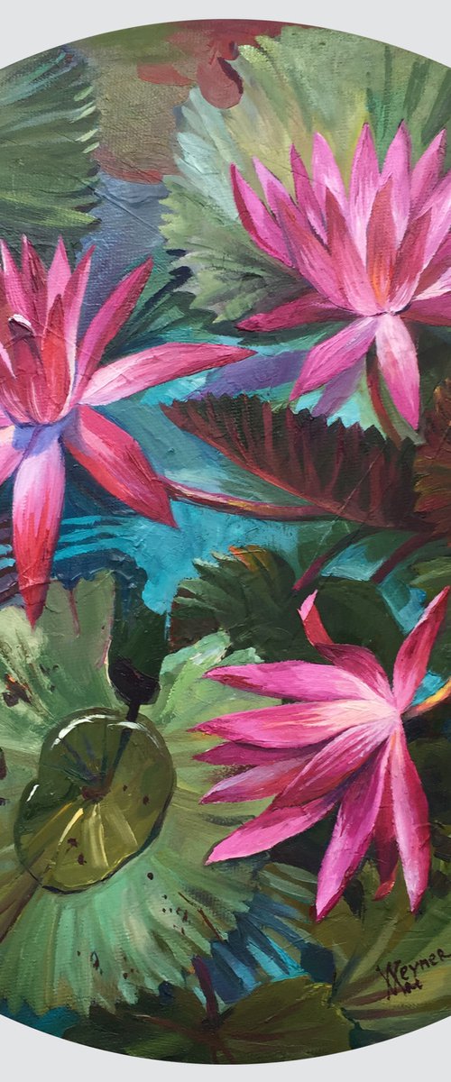 Pink lotuses. Painting of water lilies. by Natalia Veyner