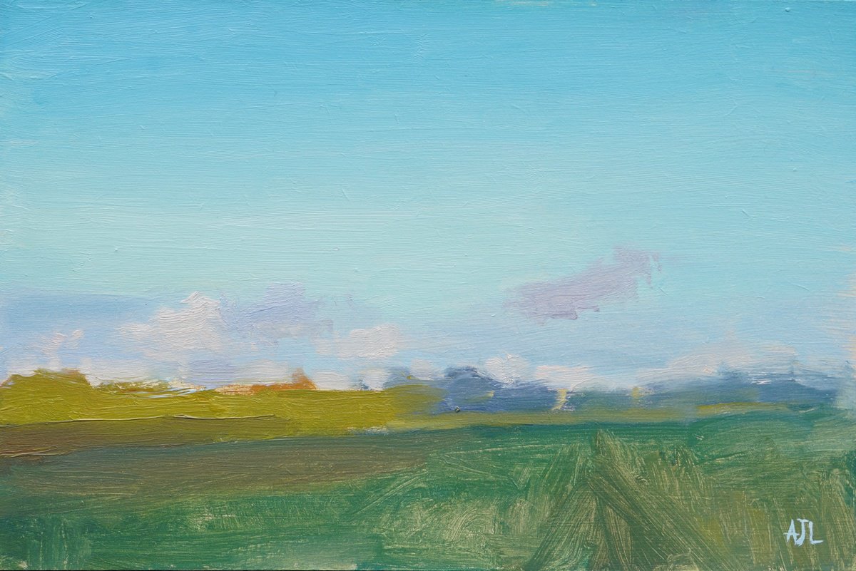 Impressionistic Landscape Oil Painting By Alex James Long, 12 X 8, Calm Evening Sky, Windrush, Original Artwork