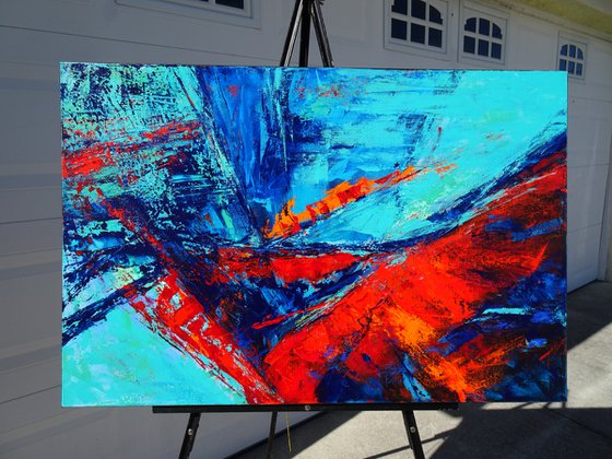 MOMENTS IN TIME I. Teal, Blue, Aqua, Navy, Red Contemporary Abstract Painting with Texture