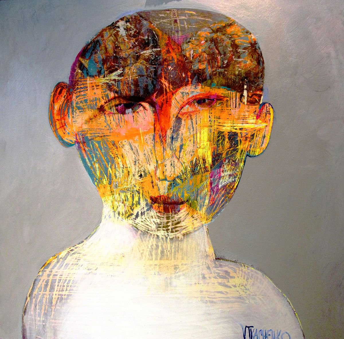 Impressionistic Portrait Acrylic Painting By Victor Tkachenko, 37 X 37", Scratched, Original Artwork