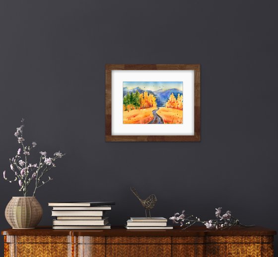 Colorful autumn landscape. The road to the mountains. Original watercolor artwork.