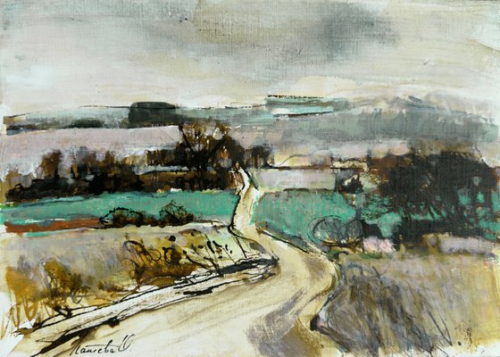 Road among fields. Abstract drawing.