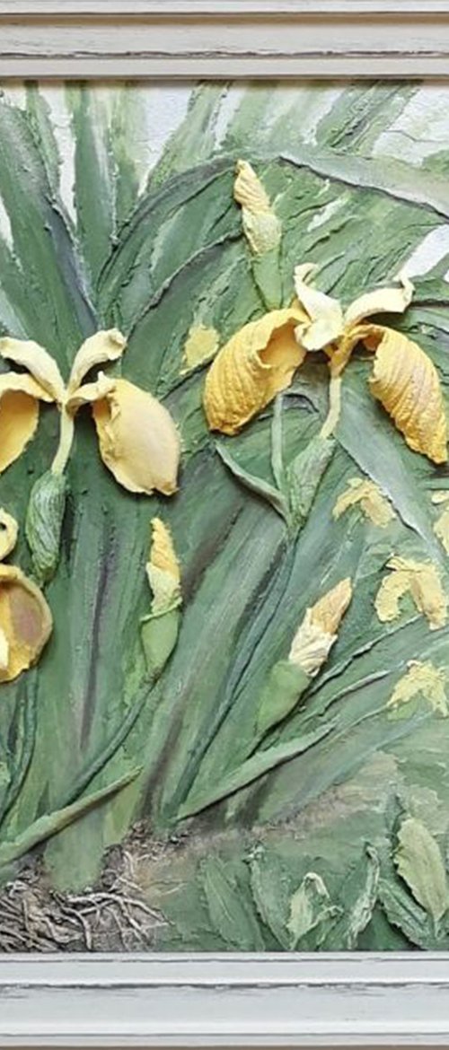 Yellow irises - the landscape of a summer flowering garden-3D-painting, , 30x30x4 cm depts by Irina Stepanova