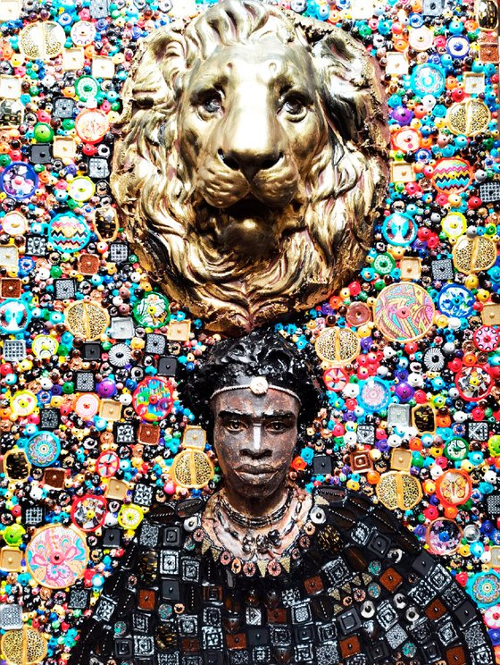 Black man and lion. African man portrait mosaic wall sculpture