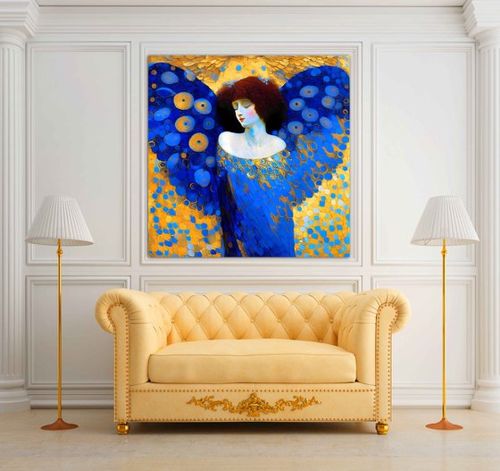 Angel. Large format 100 x 100 cm Original golden blue wall art on canvas. Original artwork for home decor