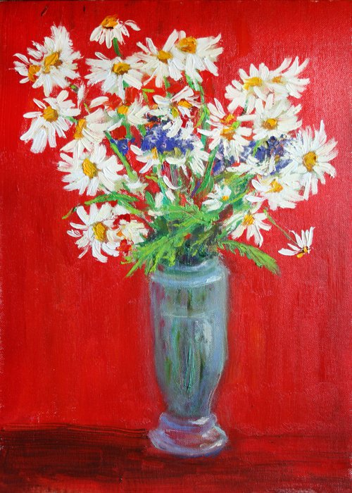 Daisies on Red /  ORIGINAL PAINTING by Salana Art Gallery