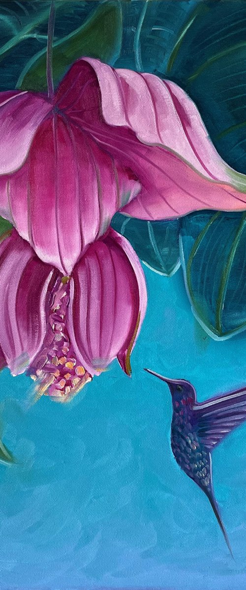 Flower and hummingbird. Oil painting, original art by Mary Voloshyna