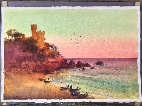 Picturesque fortress at dawn in Lloret de Mar on the shores of the Mediterranean Sea