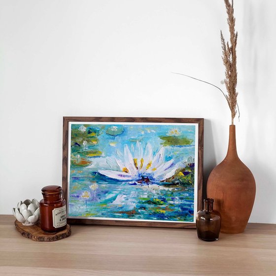 Lotus Painting Original Art Water Lily Artwork Small Floral Wall Art Flower Oil Painting