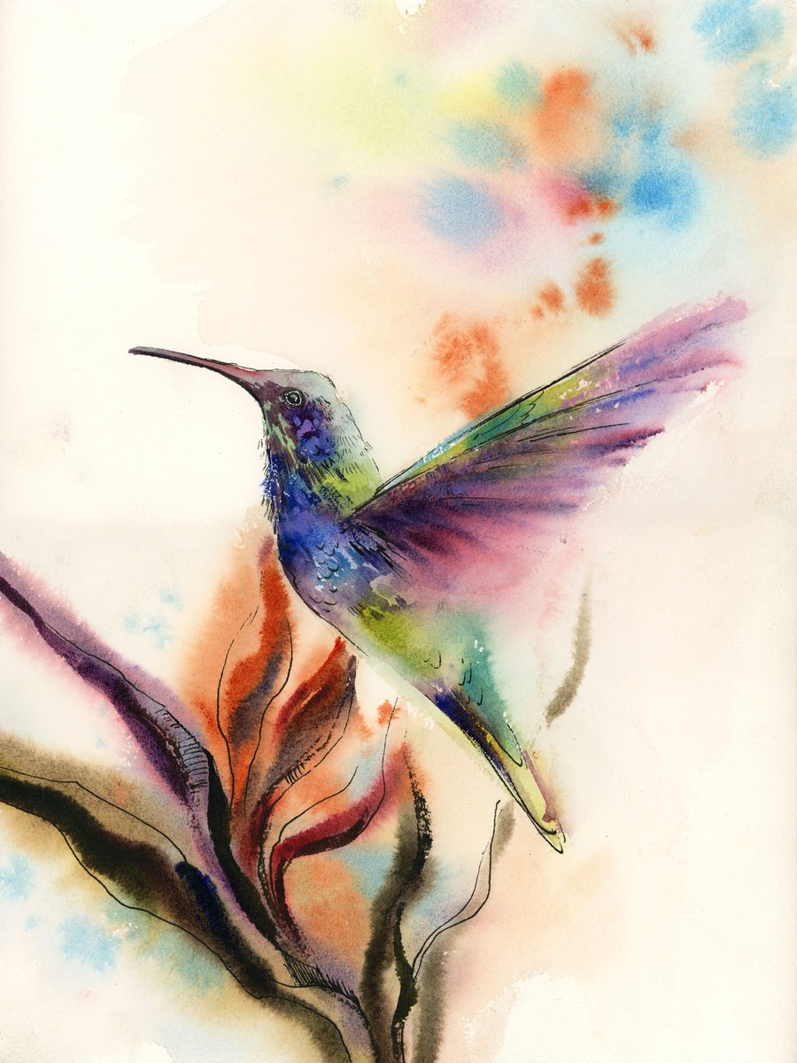 Impressionistic Painting , Hummingbird On Tropical Flower By Sophie Rodionov, 12 X 16, Artwork For Sale On Artfinder