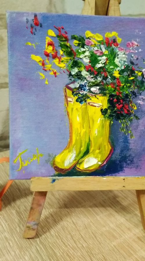 Yellow Rubber Boots With Flowers miniature painting by Oksana Fedorova
