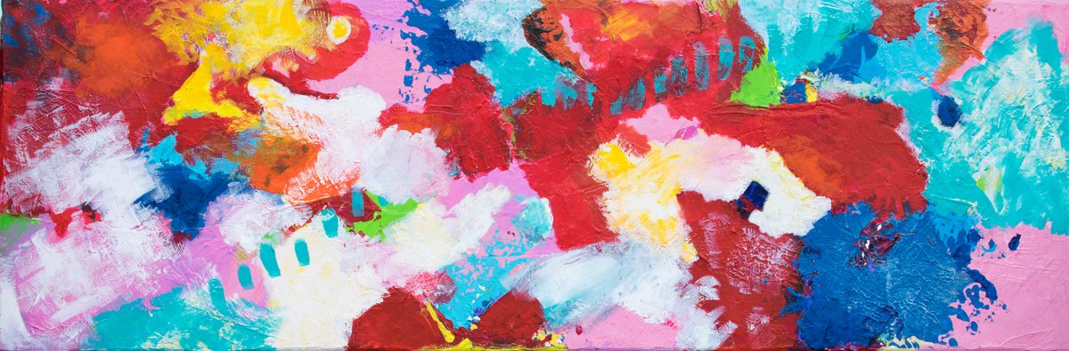 Abstract Acrylic Painting By Km Arts, 47 X 16", The Primary Element, Original Artwork