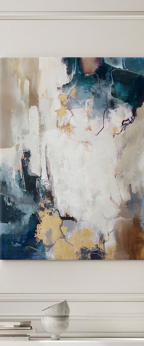 "Breeze" Abstract teal gold gray acrylic art by Yana Sagan
