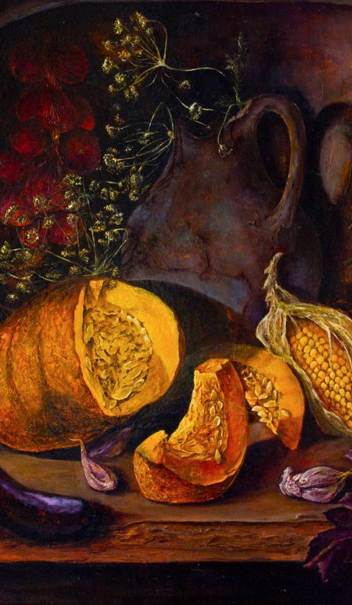 Rustic still life with pumpkin, corn and old jug. by Inga Loginova