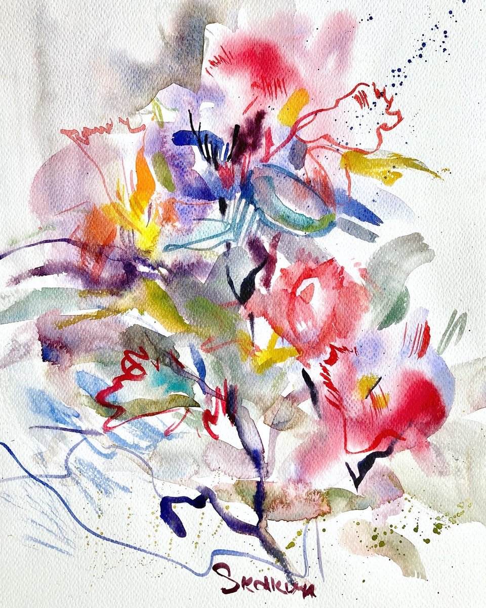 Expressive Botanical Watercolour By Mari Skakun, 12 X 16", Funny Flowers, Original Artwork
