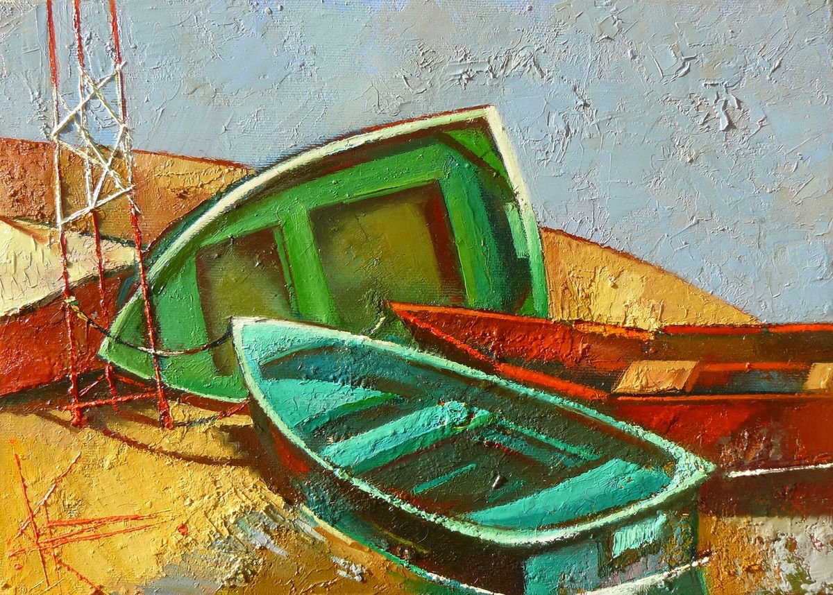 Impressionistic Landscape Oil Painting By Oksana Kornienko, 14 X 10", Boats On The Shore, Original Artwork