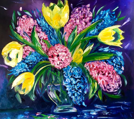 Bouquet of tulips and hyacinths,  FLOWERS , ORIGINAL OIL PAINTING