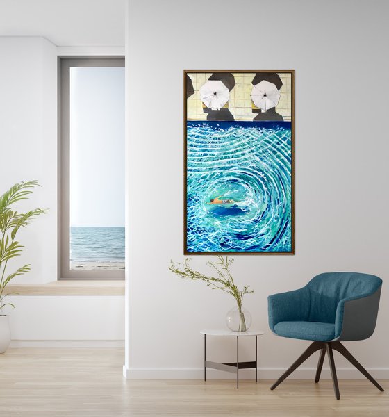 Large summer painting , pool art, swimming pool