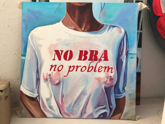 NO BRA NO PROBLEM - oil painting on canvas original gift for him naked woman seaside wet t-shirt nipples pop art bachelor interior