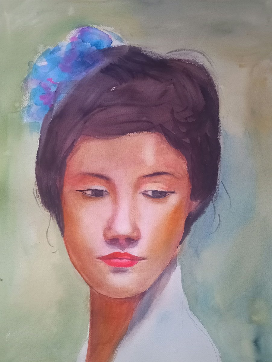 Expressive Portrait Watercolour By Marina Del Pozo, 18 X 24", Gheisa #6, Original Artwork