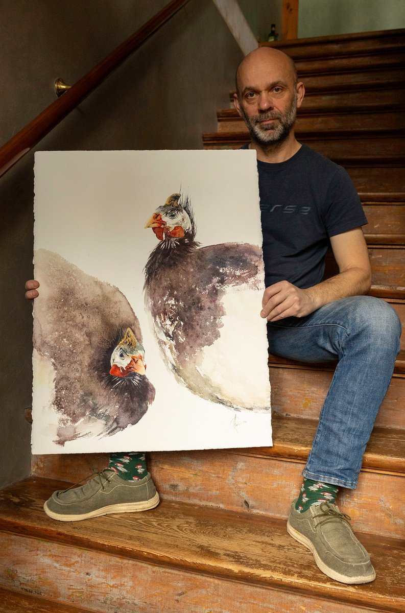 Animal Watercolour By Andrzej Rabiega, 22 X 30, Helmeted Guineafowl, Original Artwork