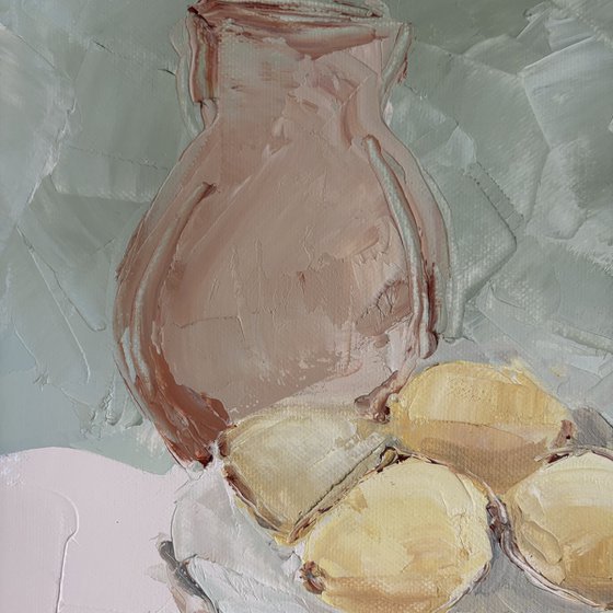 Still life fruits palette knife lemons carafe