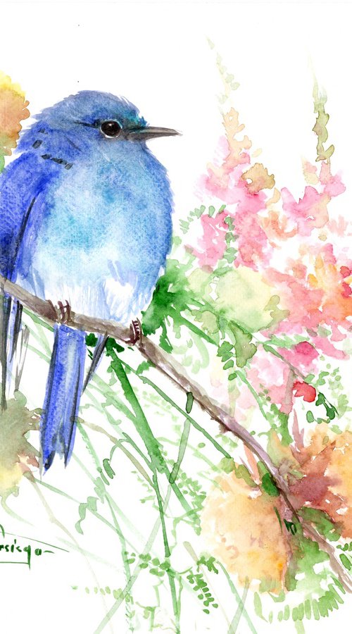 Mountain Bluebird and Flowers by Suren Nersisyan