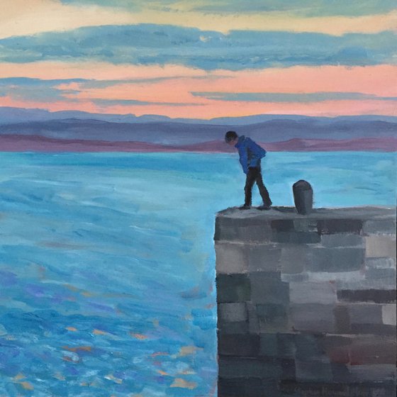 'A Man looks over the edge of Cellardyke Harbour walls, Fife'