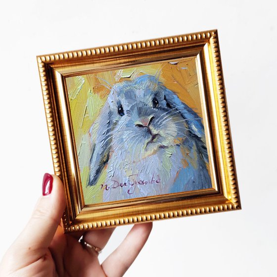 Bunny painting original oil framed 4x4, Small framed art rabbit artwork picture