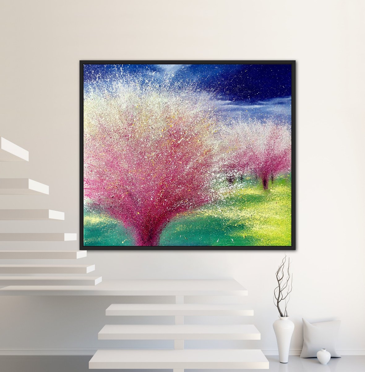 Impressionistic Botanical Oil Painting By Volodymyr Smoliak, 31 X 28", Pink Blossom, Original Artwork