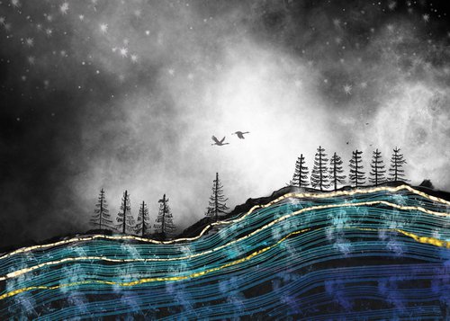 Aurora borealis trees b&w version by Stuart Wright