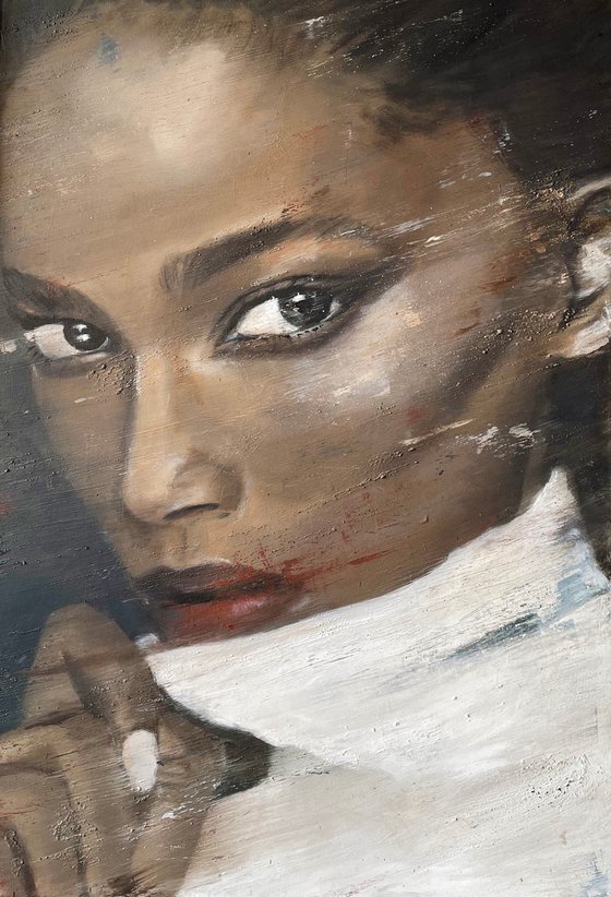 Isilda | Black beautiful model painting in oil on canvas large contemporary portrait female model