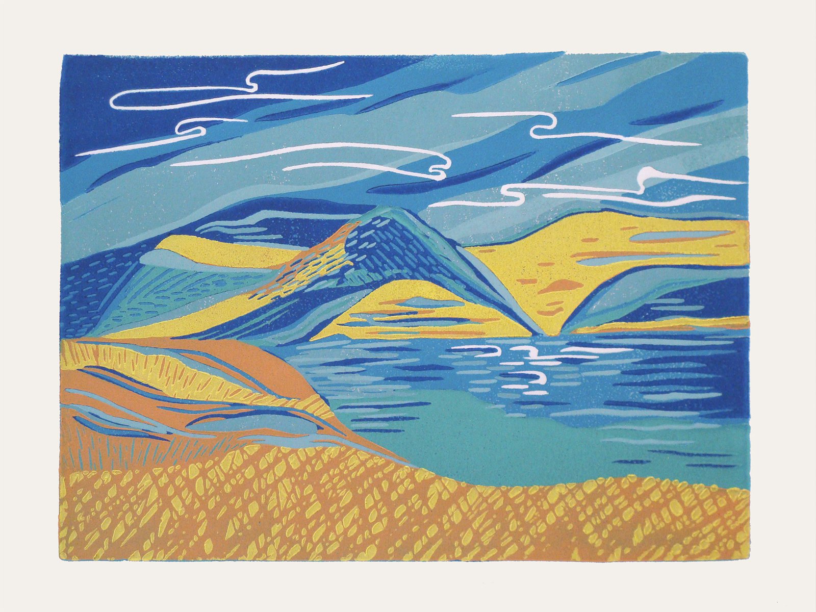 Abstract Landscape Linocut By Angela Maher, 10 X 8, Kalamalka Summer, Original Artwork