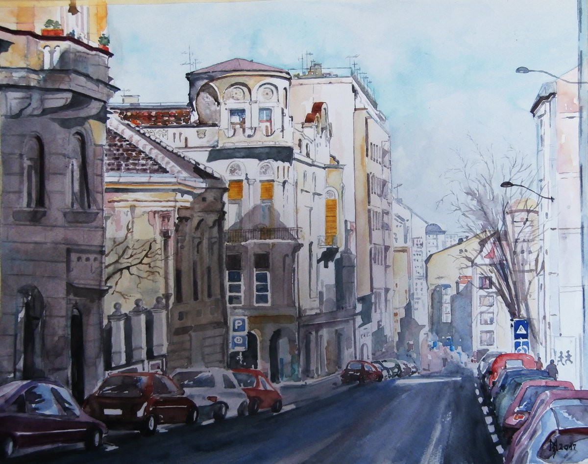 Impressionistic Cityscapes Watercolour By Zoran Mihajlovic Muza, 16 X 13", Down The Street, Original Artwork